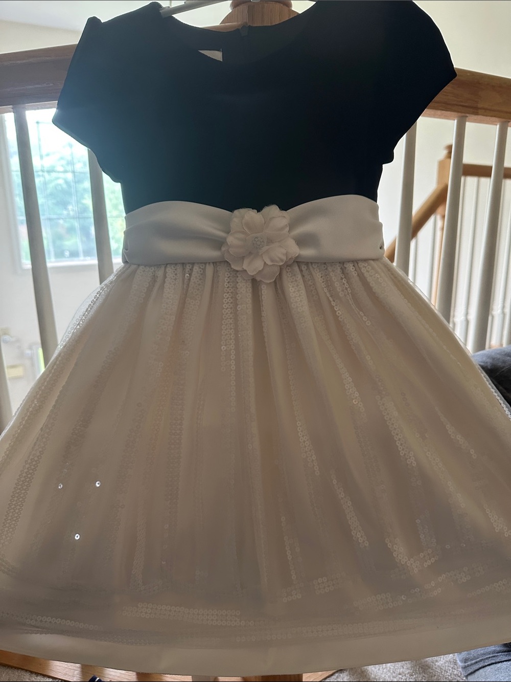 Classic Black and White Floral Waistband Girls' Formal Dress